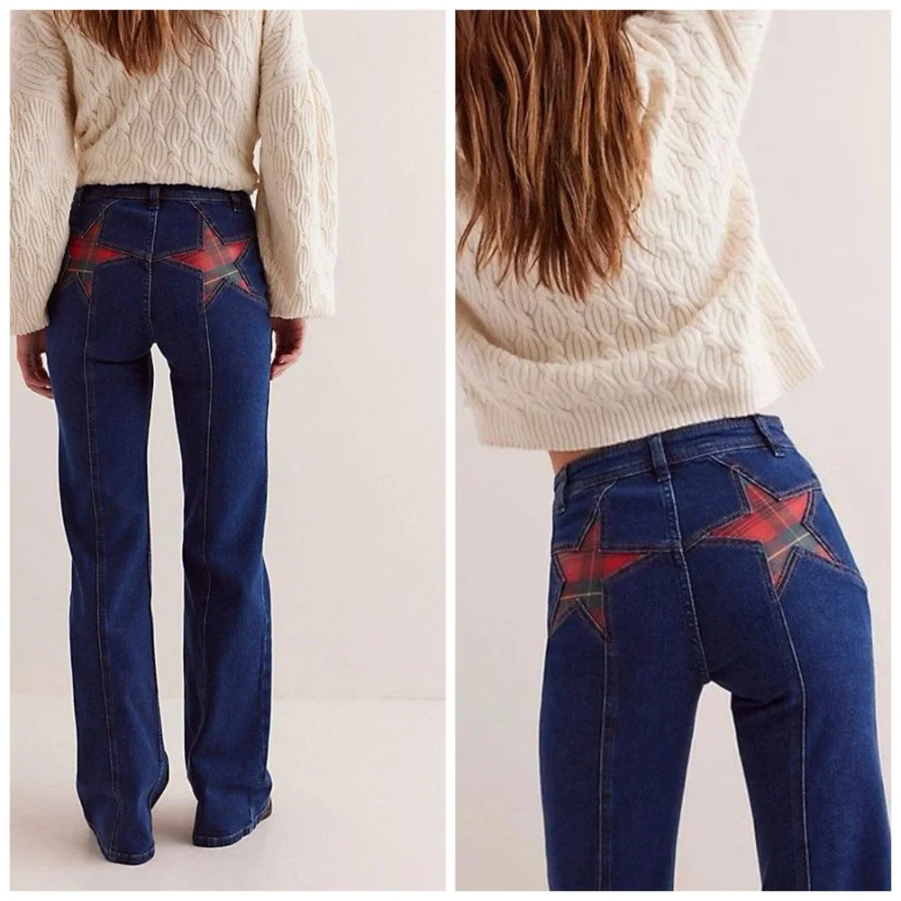 Free People Firecracker Jeans Holiday Tartan Stars Blue Plaid Size 30 - Picture 1 of 8